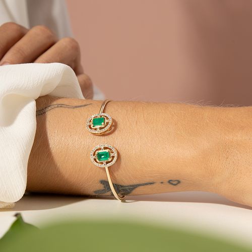Bracelete Dois Ovais de Cristal Esmeralda e Zircônias Brancas - Banho de Ouro 18k