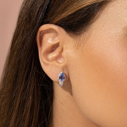 Brinco Gota Bordada Cristal London Blue com Zircônias Brancas - Prata 925