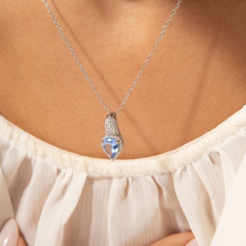 Colar Gota Bordada Cristal London Blue e Zircônias Brancas 55cm - Prata 925