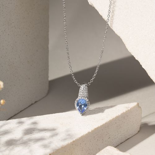 Colar Gota Bordada Cristal London Blue e Zircônias Brancas 55cm - Prata 925