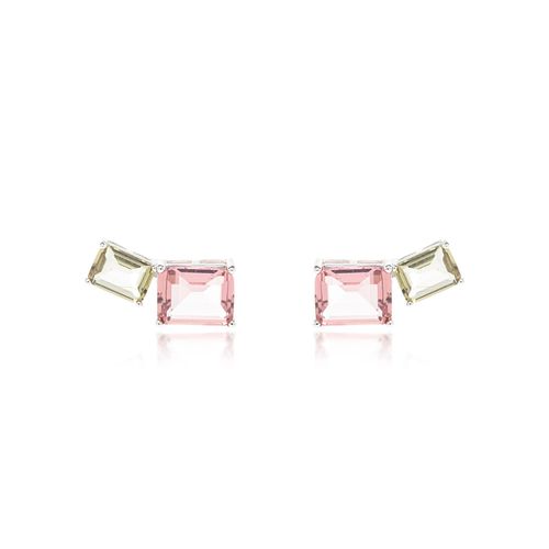 Brinco Earcuff Retângulos Cristal Rodolita e Cristal Peridoto - Prata 925