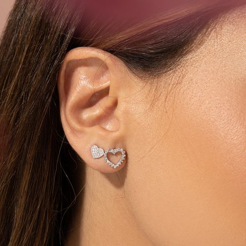 Brinco Corações Cravejados de Zircônias Brancas kit com 2 pares - Prata 925