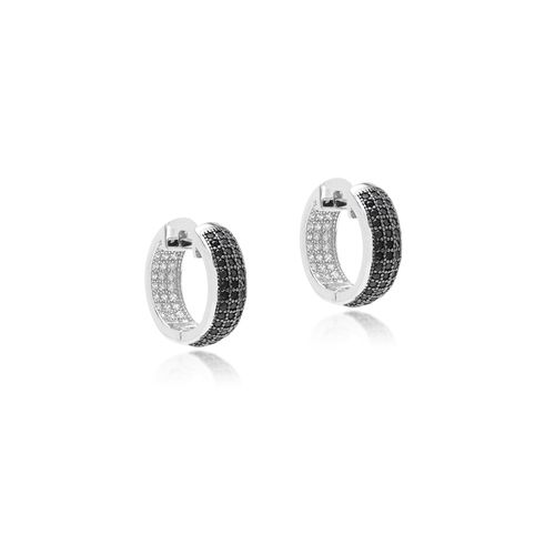 Brinco Argola 15mm Inteira Cravejada de Zircônias Negras e Zircônias Brancas - Prata 925