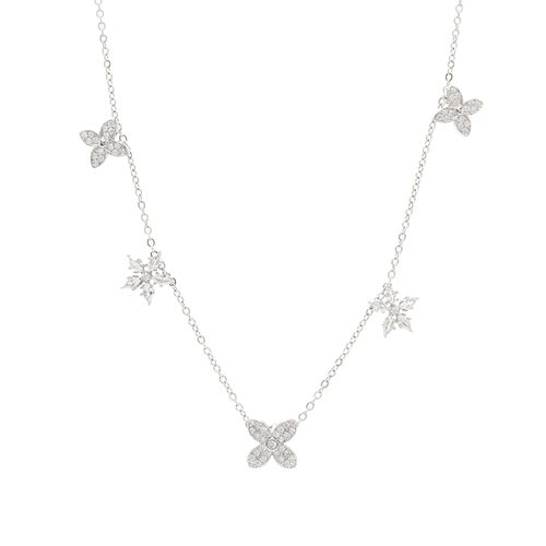 Colar 4 Flores Cravejados de Zircônias Brancas 45cm - Prata 925
