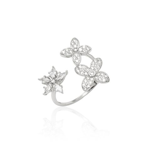 Anel 3 Flores Cravejado de Zircônias Brancas - Prata 925