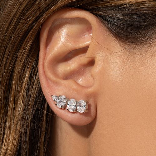 Brinco Earcuff Ovais e Gota de Zircônias Brancas - Prata 925