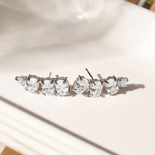 Brinco Earcuff Ovais e Gota de Zircônias Brancas - Prata 925