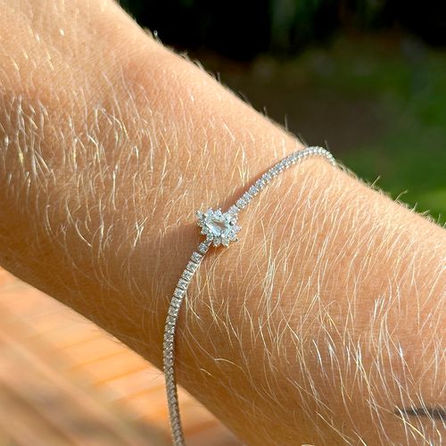 Pulseira Gotinha Cravejado de Cristal Água Marinha e Zircônias Brancas 19cm - Prata 925