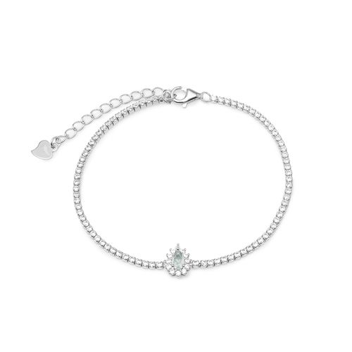 Pulseira Gotinha Cravejado de Cristal Água Marinha e Zircônias Brancas 19cm - Prata 925