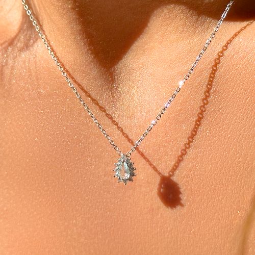 Colar Gotinha Cravejado de Cristal Água Marinha e Zircônias Brancas 50cm - Prata 925