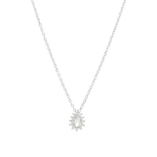 Colar Gotinha Cravejado de Cristal Água Marinha e Zircônias Brancas 50cm - Prata 925