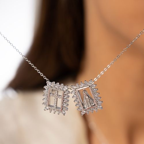 Colar Escapulário Nossa Senhora Aparecida com Cruz de Zircônias Brancas 65cm - Prata 925