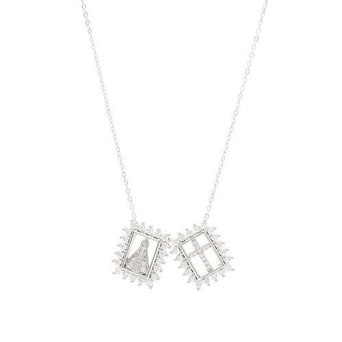 Colar Escapulário Nossa Senhora Aparecida com Cruz de Zircônias Brancas 65cm - Prata 925