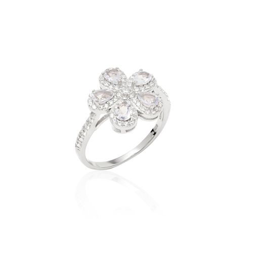 Anel Flor 5 Petálas de Gotas com Cristal London Blue e Zircônias Brancas - Prata 925