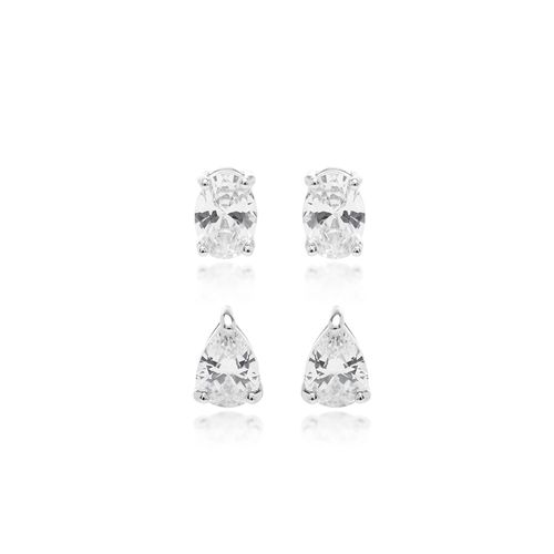 Kit com 2 Pares de Brincos Gota e Oval com Zircônias Diamond - Prata 925