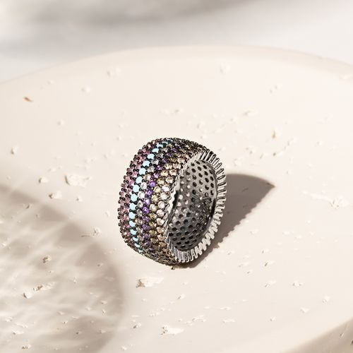 Anel Aliança 7 Linha Inteira Cravejada com Nano Turquesa e Zircônias Coloridas - Banho de Ródio Branco