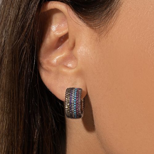 Brinco Argola 7 Linhas Inteira Cravejada com Nano Turquesa e Zircônias Coloridas - Banho de Ródio Branco