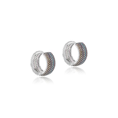 Brinco Argola 7 Linhas Inteira Cravejada com Nano Turquesa e Zircônias Coloridas - Banho de Ródio Branco