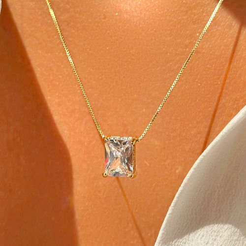 Conjunto de Brinco e Colar Quadrado Cravejado 7x9 de Zircônias Brancas 50cm - Banho de Ouro 18k