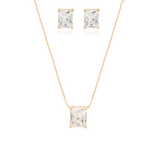 Conjunto de Brinco e Colar Quadrado Cravejado 7x9 de Zircônias Brancas 50cm - Banho de Ouro 18k