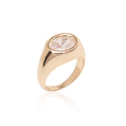 Anel Oval de Zircônia Branca - Banho de Ouro 18k