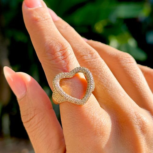 Anel Coração Vazado de Zircônias Champagne - Banho de Ouro 18k