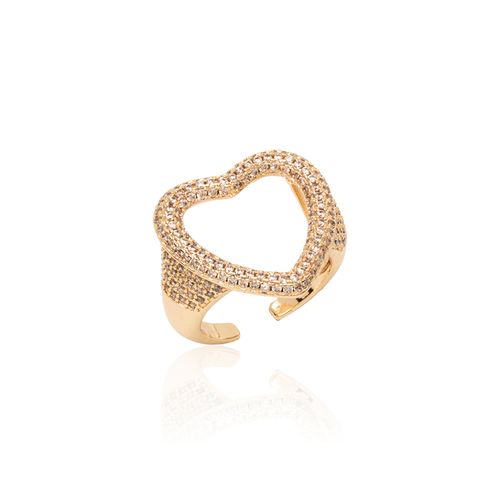 Anel Coração Vazado de Zircônias Champagne - Banho de Ouro 18k