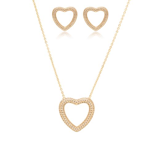 Conjunto de Brinco e Colar Coração Vazado com Zircônias Champagne 50cm - Banho de Ouro 18k