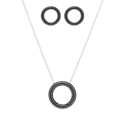 Conjunto Brinco e Colar Redondo Vazado Cravejado de Zircônias Negras 50cm - Banho de Ródio Branco