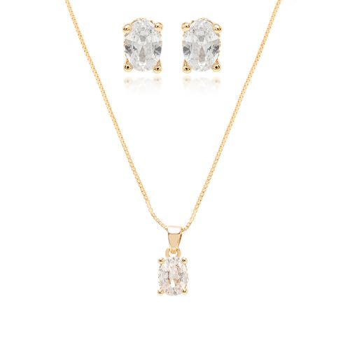 Conjunto de Brinco e Colar Oval com Zircônias Brancas 48cm - Banho de Ouro 18k