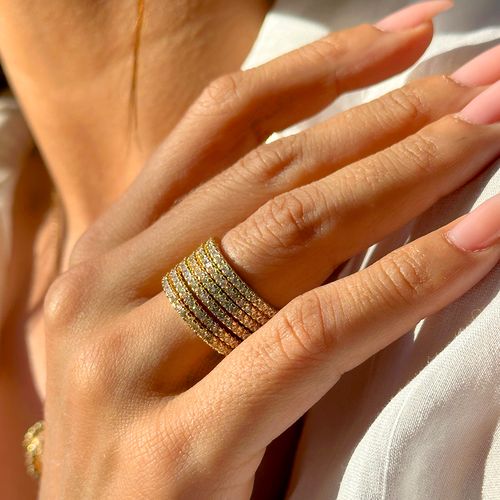 Kit com 6 Alianças Inteira Cravejada de Zircônias Brancas - Banho de Ouro 18k