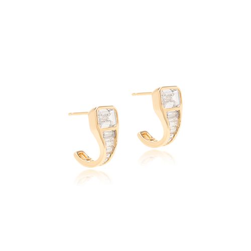 Brinco Gancho de Baguetes com Zircônias Brancas - Banho de Ouro 18k