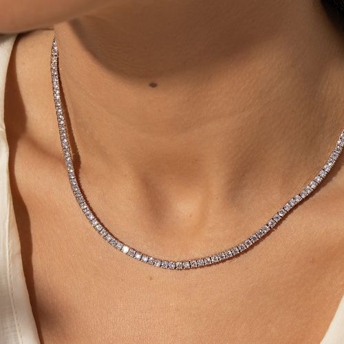 Colar Riviera Inteira de Pedras 2.0mm de Zircônias Diamond Pink 42cm - Banho de Ródio Branco