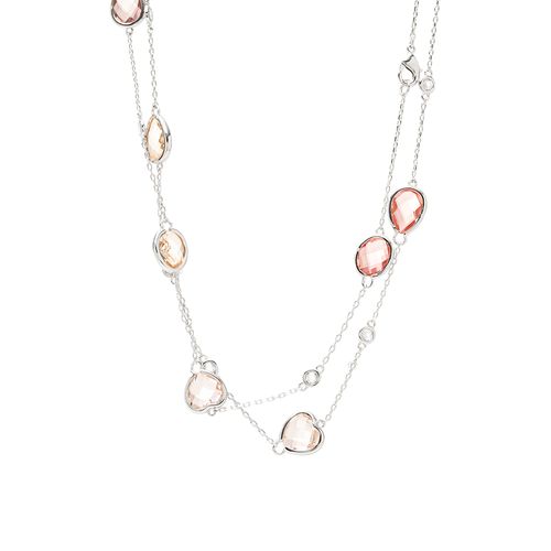 Colar Cravação Lentilha Formas com Cristal Rodolita, Cristal Paraiba, Cristal Turmalina Rosa 84cm - Banho de Ródio Branco