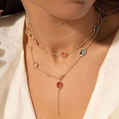Colar Cravação Lentilha Formas com Cristal Rodolita, Cristal Paraiba, Cristal Turmalina Rosa 84cm - Banho de Ouro 18k