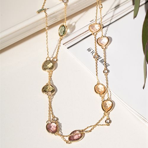 Colar Cravação Lentilha Formas com Cristal Rodolita, Cristal Paraiba, Cristal Turmalina Rosa 84cm - Banho de Ouro 18k