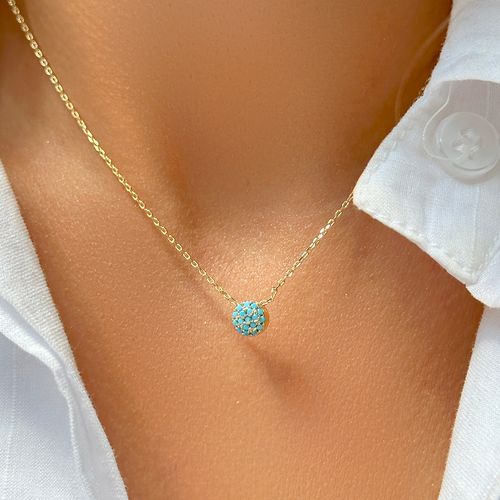 Conjunto de Colar e Brinco Redondo 7mm com Nano Turquesa 45cm - Banho de Ouro 18k