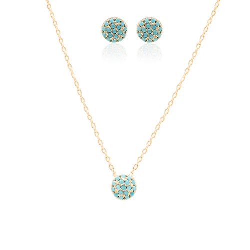 Conjunto de Colar e Brinco Redondo 7mm com Nano Turquesa 45cm - Banho de Ouro 18k