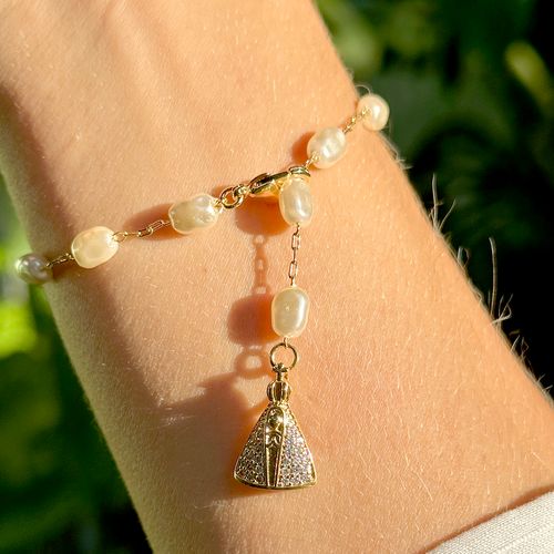 Pulseira Nossa Senhora Aparecida com Pérolas Coreanas e Zircônias Brancas 20cm - Banho de Ouro 18k