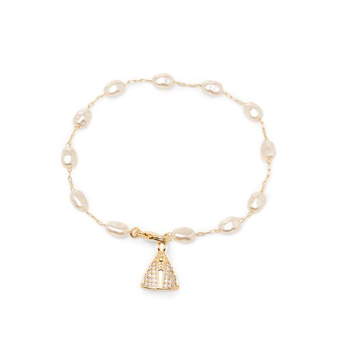 Pulseira Nossa Senhora Aparecida com Pérolas Coreanas e Zircônias Brancas 20cm - Banho de Ouro 18k