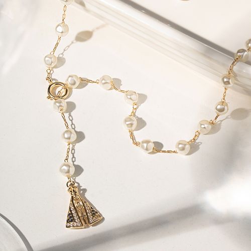 Colar Nossa Senhora Aparecida com Pérolas Coreanas e Zircônias Brancas 60cm - Banho de Ouro 18k