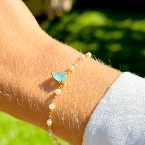 Pulseira Escapulário Gotas de Fusion Esmeralda Colombiana, Fusion Turmalina Light e Pérolas Coreanas 18cm - Banho De Ouro 18k