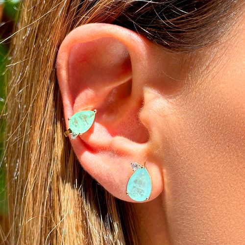 Kit de Brincos e Piercing de Gotas com Fusion Esmeralda Colombiana, Fusion Turmalina Light e Zircônias Brancas - Banho de Ouro 18k