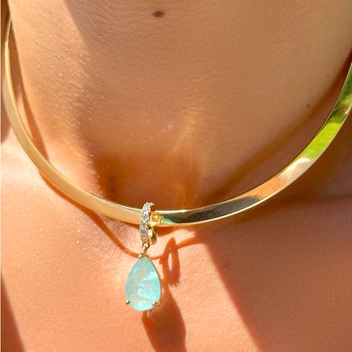 Gargantilha Aro Liso com Pingente Gota de Fusion Turmalina Light e Zircônias Brancas - Banho de Ouro 18k