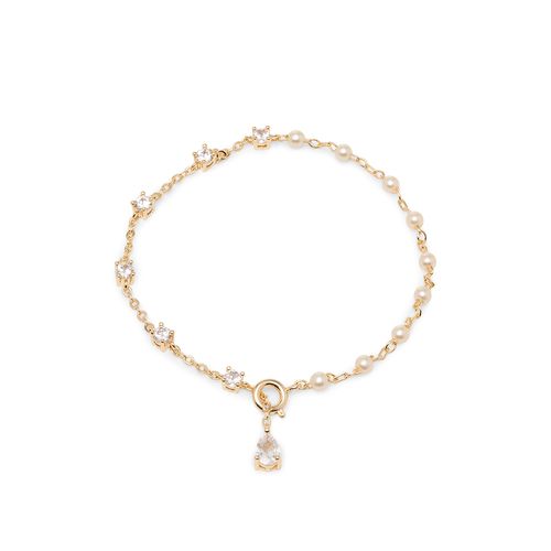 Pulseira Gotinha de Pérolas Coreanas e Zircônias Brancas 19cm - Banho de Ouro 18k