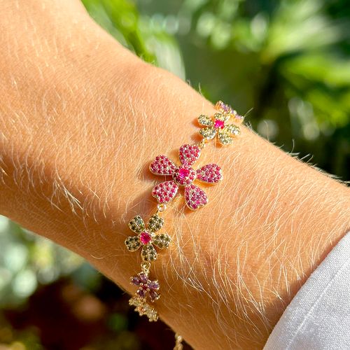 Pulseira Floral de Cristal Topázio Azul, Cristal Ametista, Cristal Turmalina Rosa e Zircônias Coloridas 20cm - Banho de Ouro 18k