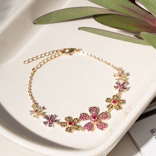 Pulseira Floral de Cristal Topázio Azul, Cristal Ametista, Cristal Turmalina Rosa e Zircônias Coloridas 20cm - Banho de Ouro 18k