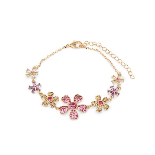 Pulseira Floral de Cristal Topázio Azul, Cristal Ametista, Cristal Turmalina Rosa e Zircônias Coloridas 20cm - Banho de Ouro 18k