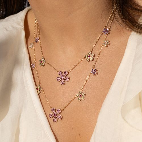Colar Floral de Cristal Topázio Azul, Cristal Ametista, Cristal Turmalina Rosa e Zircônias Coloridas 50cm - Banho de Ouro 18k