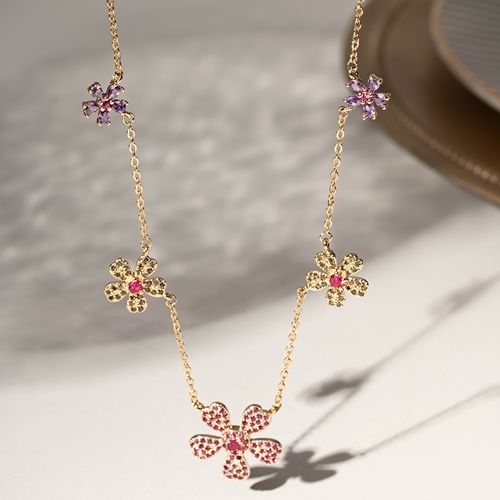 Colar Floral de Cristal Topázio Azul, Cristal Ametista, Cristal Turmalina Rosa e Zircônias Coloridas 50cm - Banho de Ouro 18k